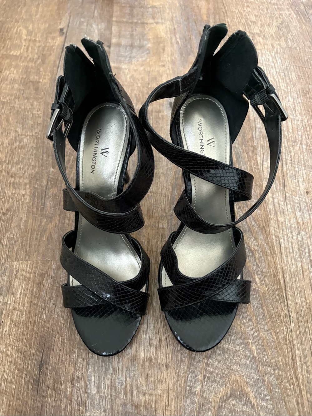 Worthington Black Snakeskin-Textured Strappy Heels
